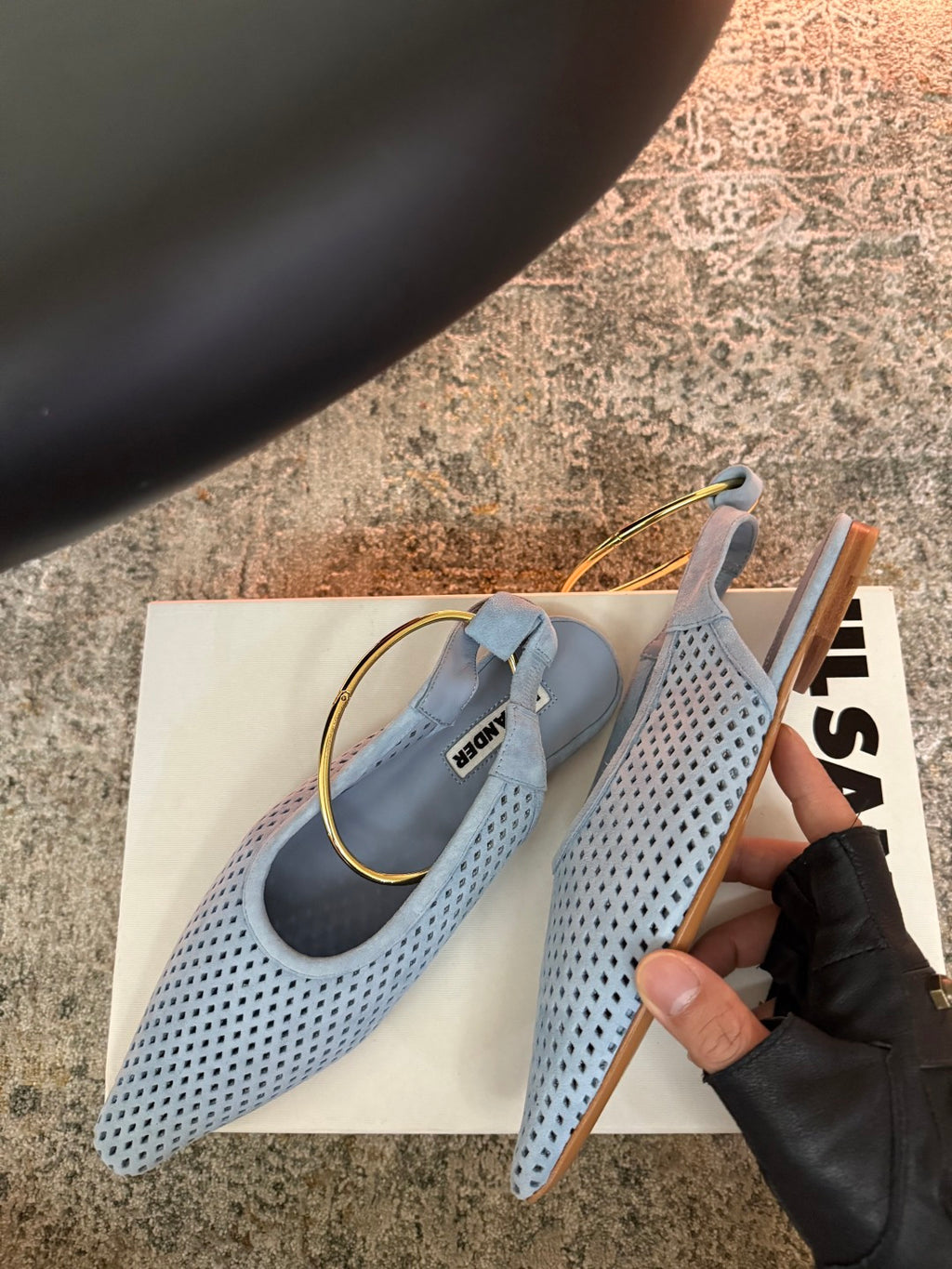 Jil Sander Pointed-Toe Perforated Suede Ballet Flats (Blue)
