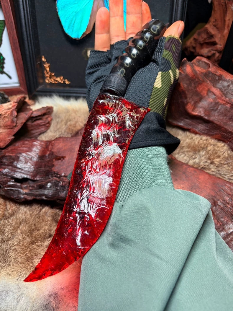 Knapped stone knife, red glass ancient-style hunting knife, flame-shaped stone blade, obsidian knife.