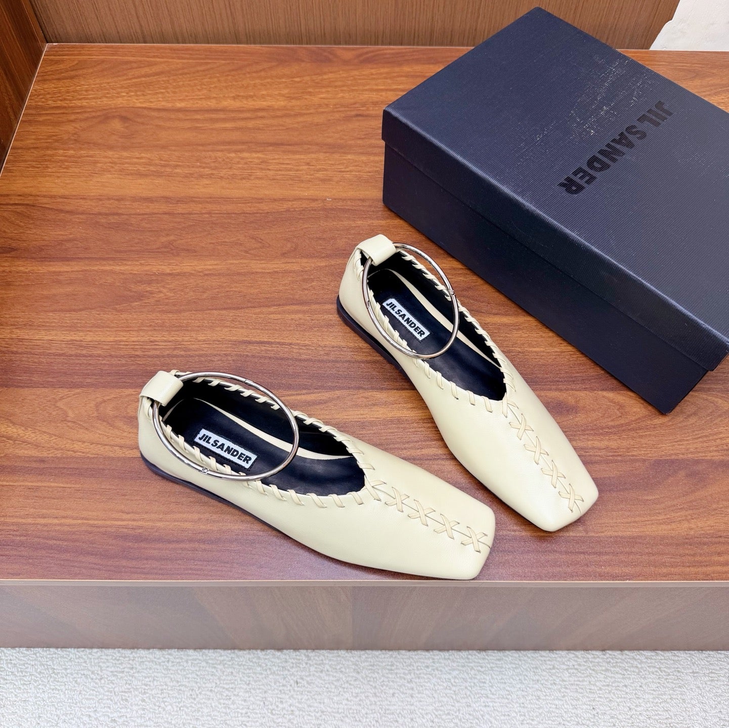 Jil Sander Classic Metallic Ring Ballet Flats (Off-White)