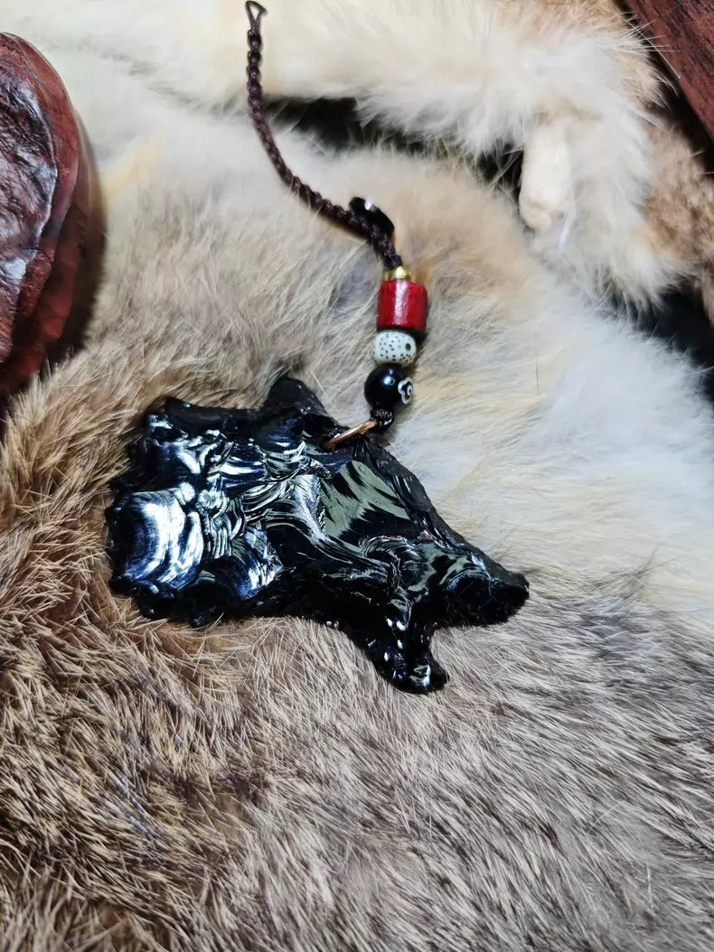 Chipped stone pendant, wolf head/wolf king pendant, obsidian crystal, white opal.