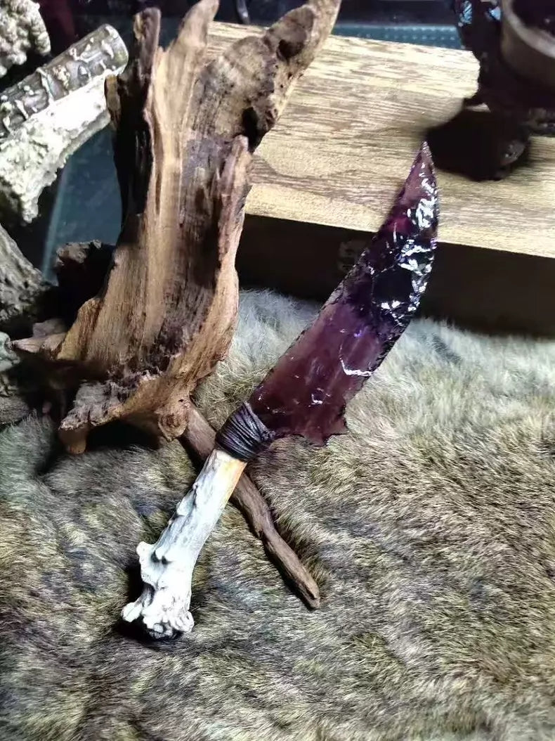 Flaked stone knife, premium hunting knife, "Purple Phantom," "Deadly Violet," Dragon Crystal series, Dragon Crystal dagger, hunting knife.