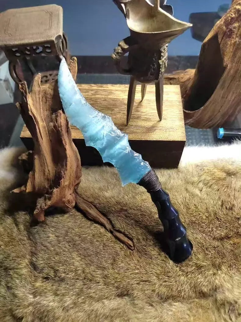 Knapped Stone Knife, Cat's-Eye Stone Knife, Clear-Water Stone Blade, Sky-Blue Gem Blade "Azure Wave Dragon," Blade of the Ocean, Dragon-Crystal Water-Severing Blade.