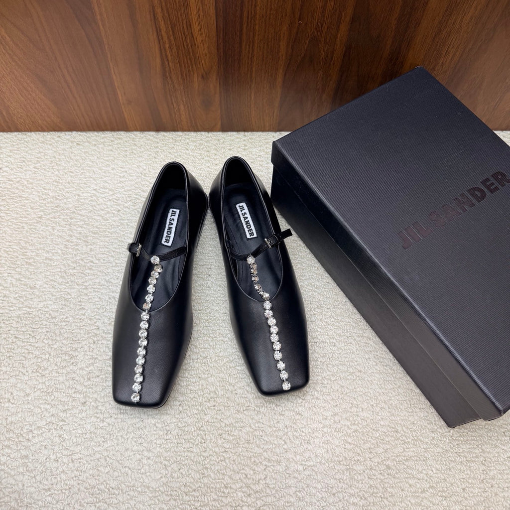 Jil Sander Luxury Crystal-Embellished Mary Jane Ballet Flats (Black)