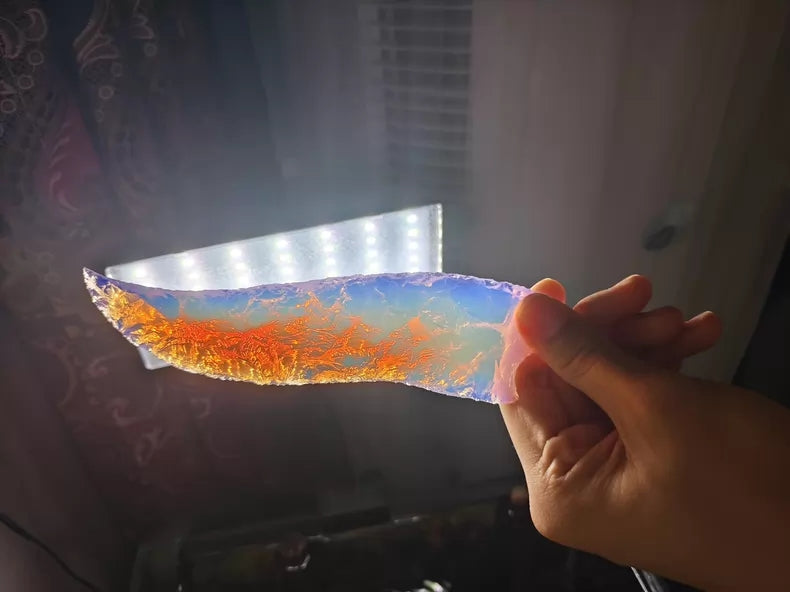 Knapped stone knife, premium long hunting knife, hunting knife, exquisite pink opal blade, hunting knife with a pink gemstone luster.