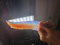 Knapped stone knife, premium long hunting knife, hunting knife, exquisite pink opal blade, hunting knife with a pink gemstone luster.