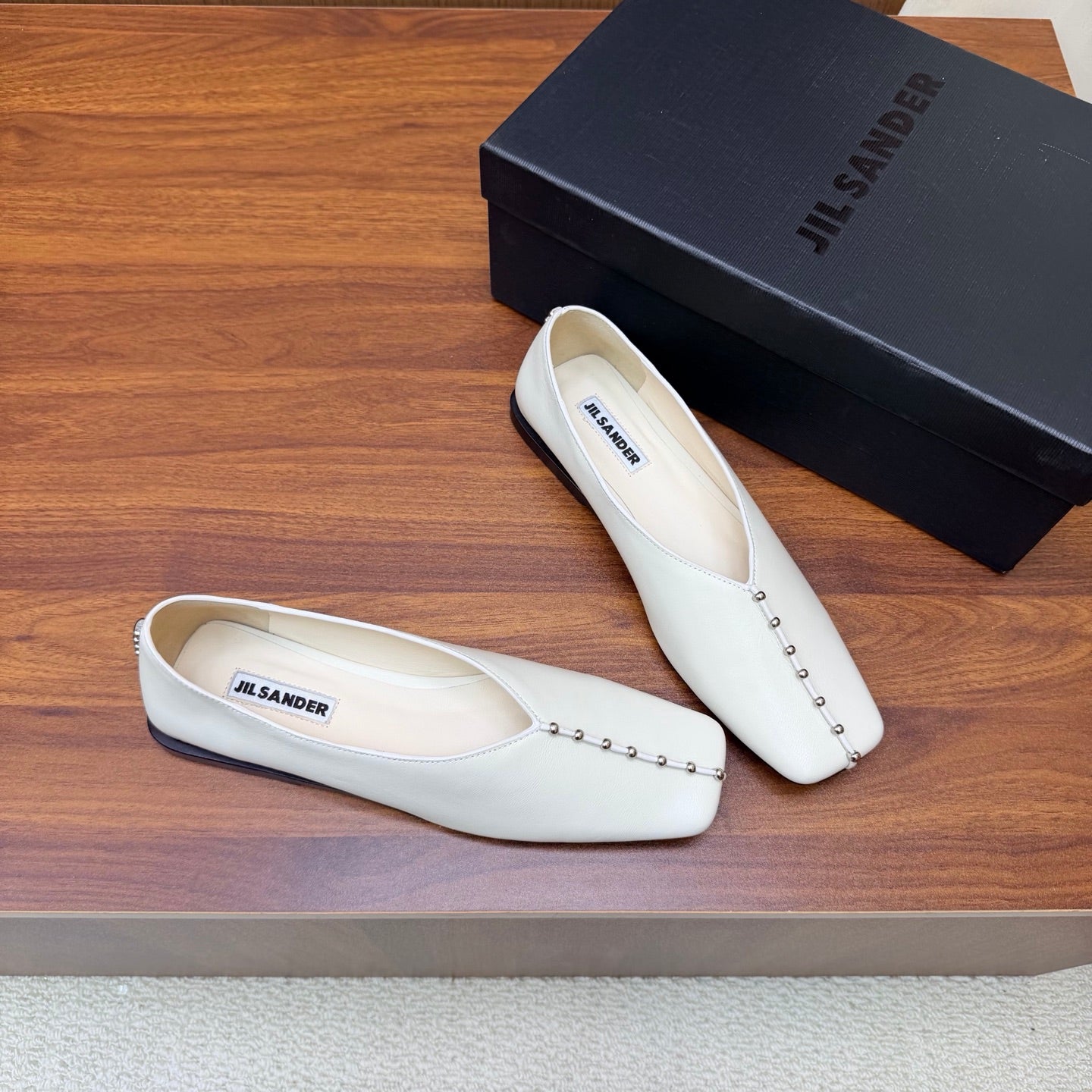 Jil Sander Stud-Embellished Leather Ballet Flats (White)