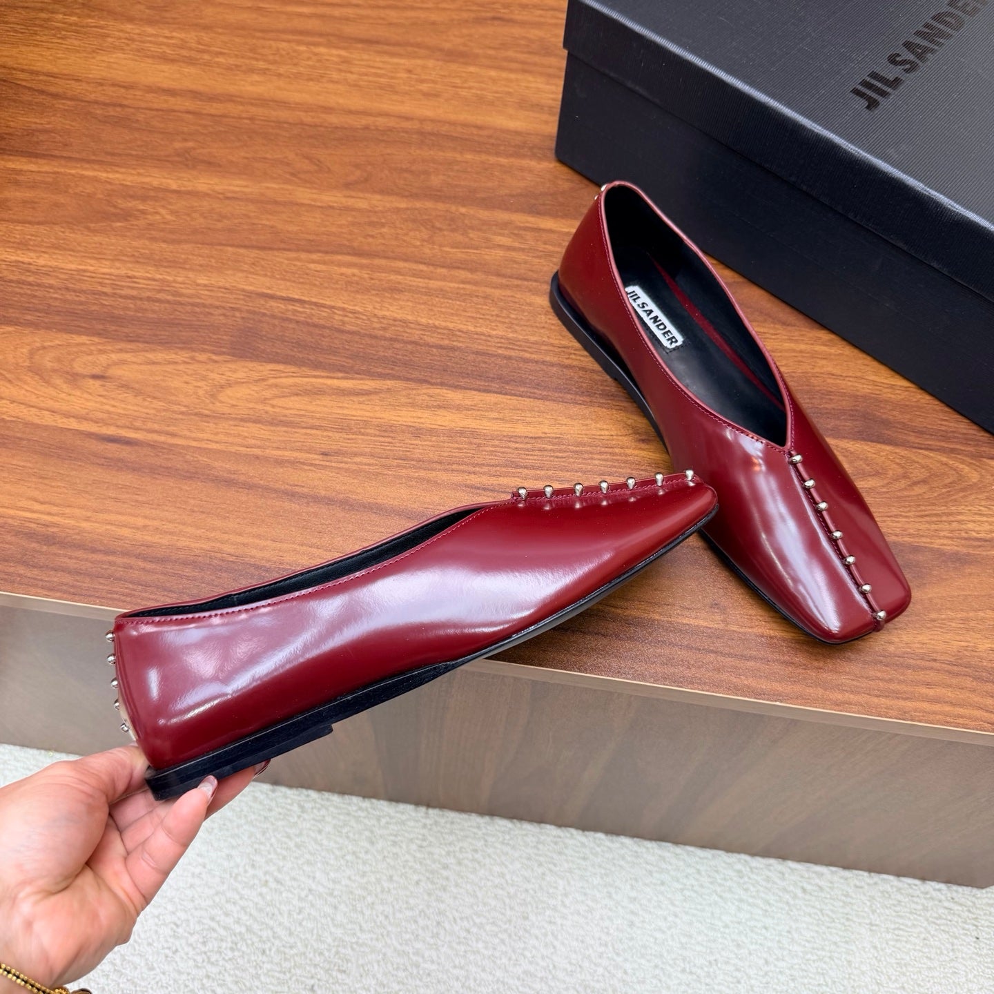 Jil Sander Stud-Embellished Leather Ballet Flats (Red)