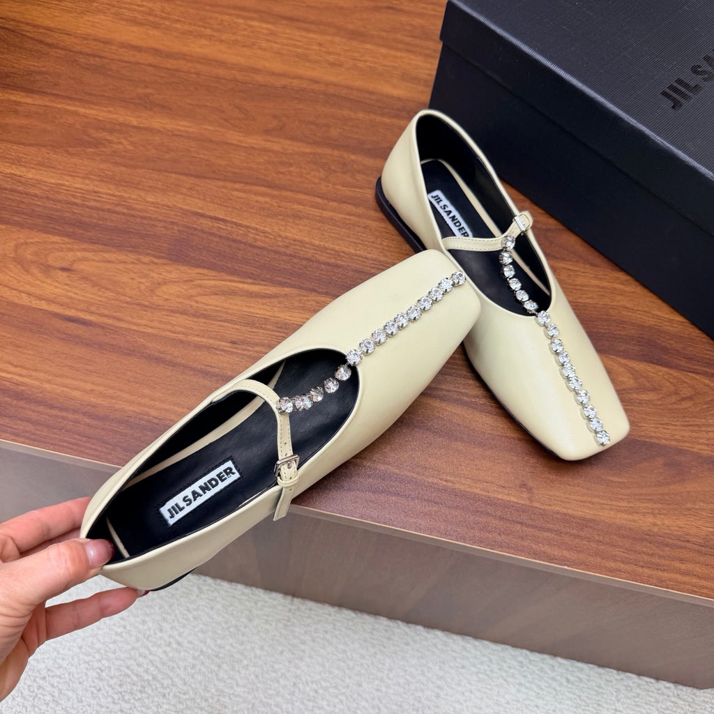 Jil Sander Luxury Crystal-Embellished Mary Jane Ballet Flats (Off-White)