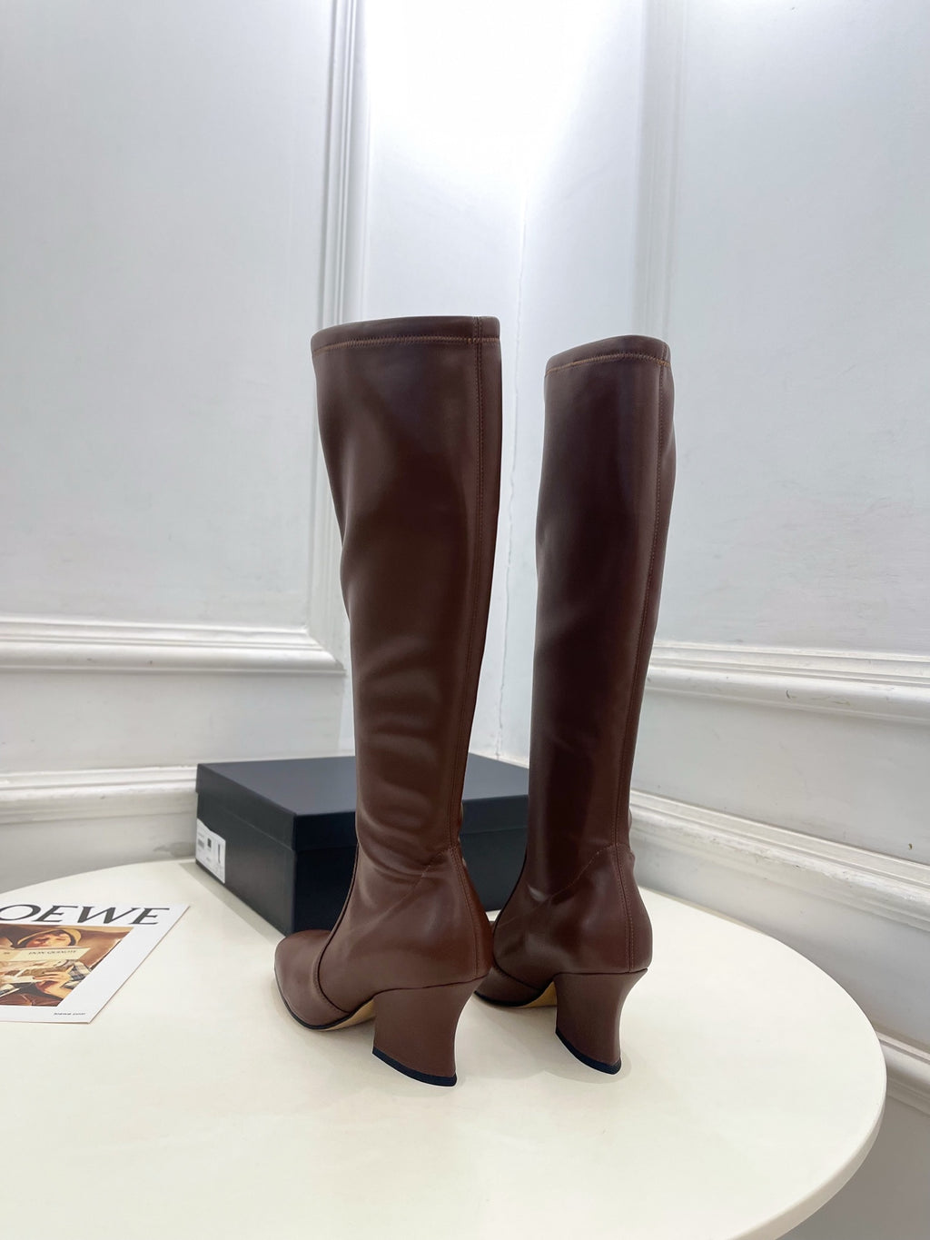Jil Sander Minimalist Retro Stretch High-Shaft Boots with Block Heels Brown