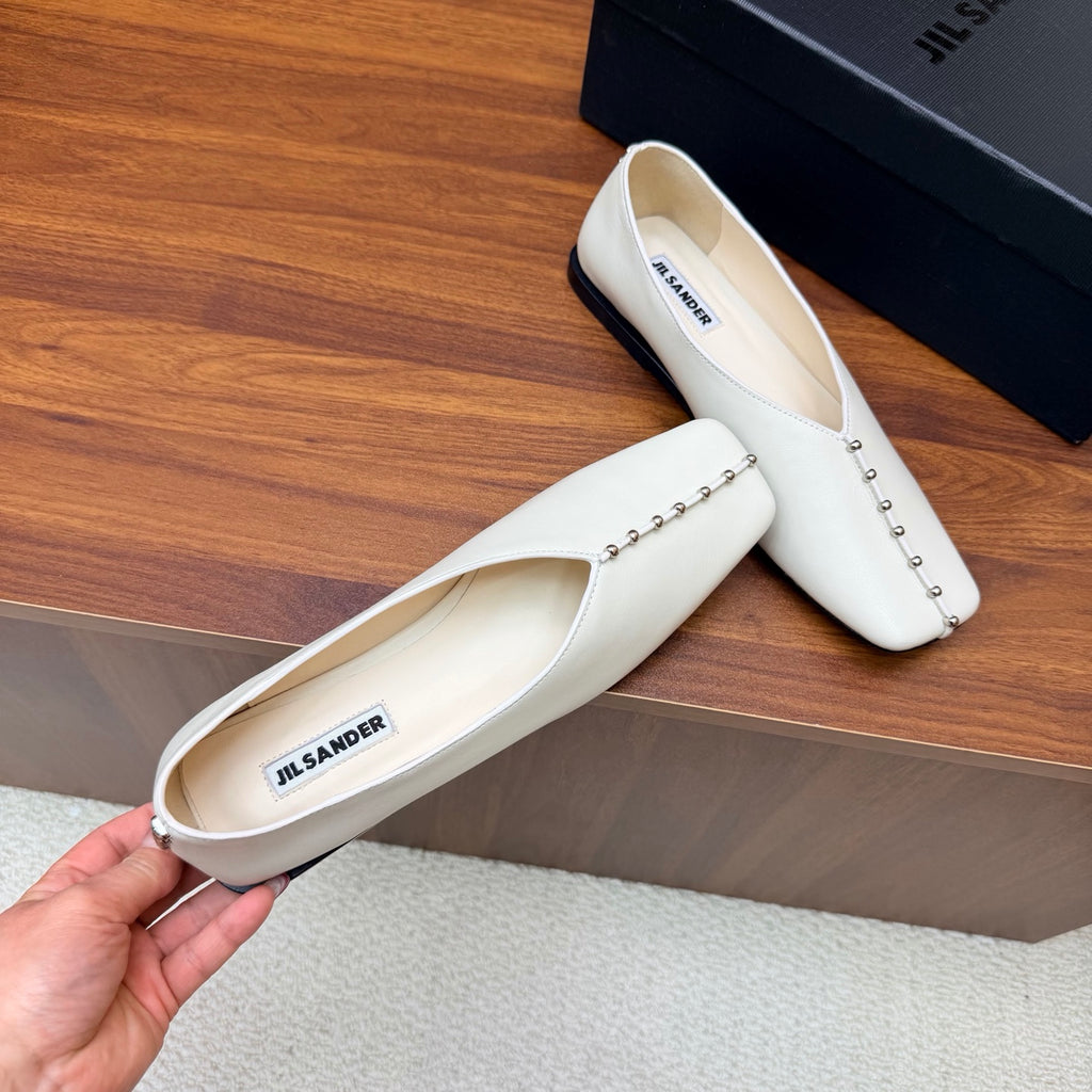 Jil Sander Stud-Embellished Leather Ballet Flats (White)