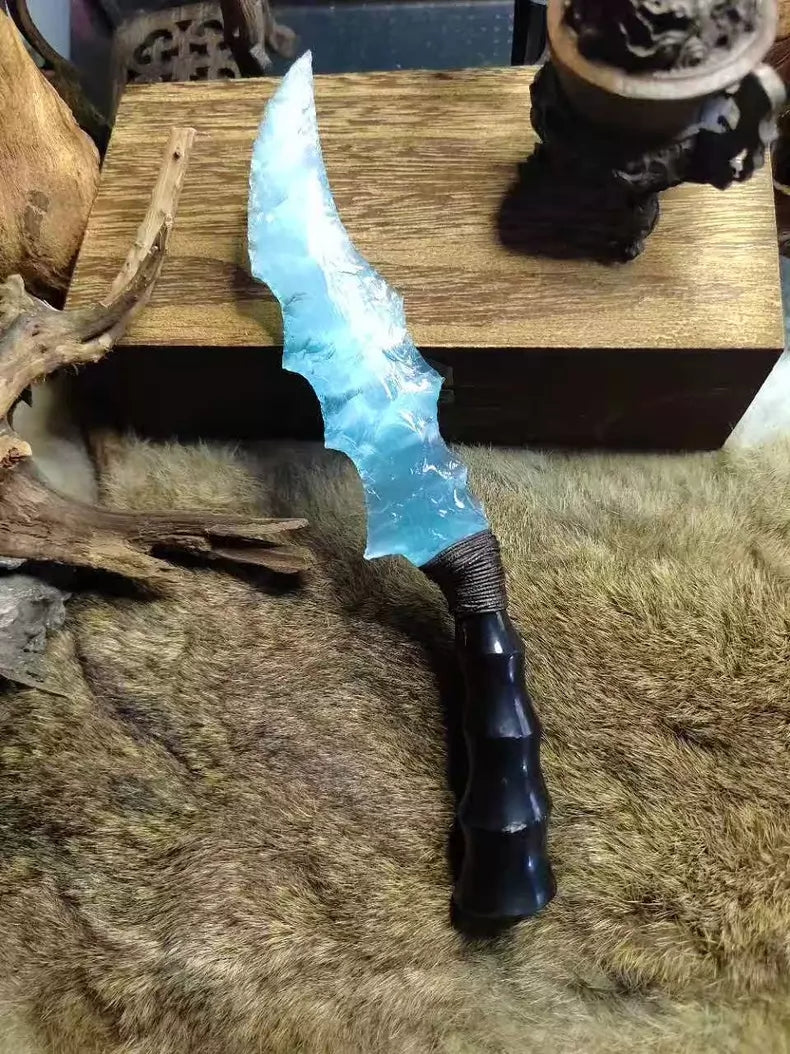 Knapped Stone Knife, Cat's-Eye Stone Knife, Clear-Water Stone Blade, Sky-Blue Gem Blade "Azure Wave Dragon," Blade of the Ocean, Dragon-Crystal Water-Severing Blade.