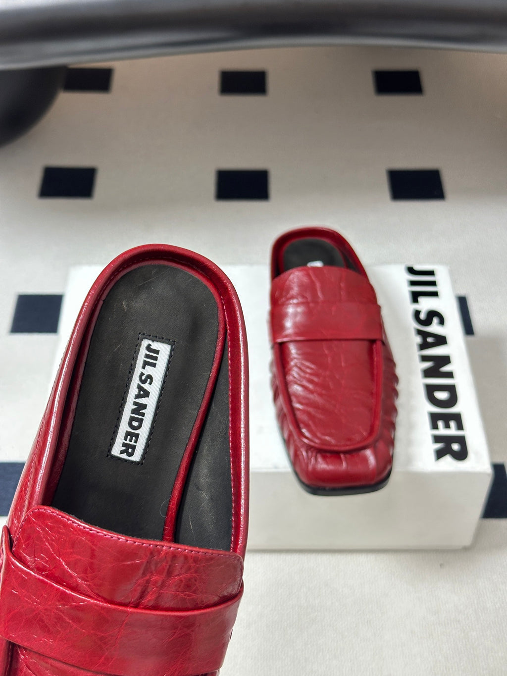JIL SANDER Square-Toe Pleated Leather Mules (Red)