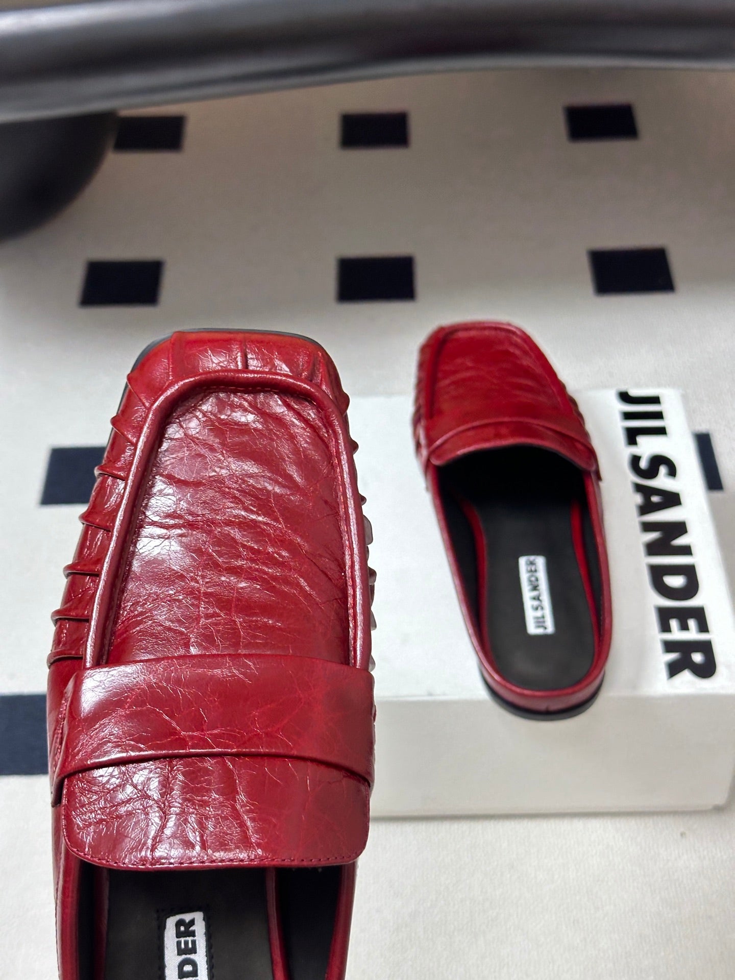 JIL SANDER Square-Toe Pleated Leather Mules (Red)