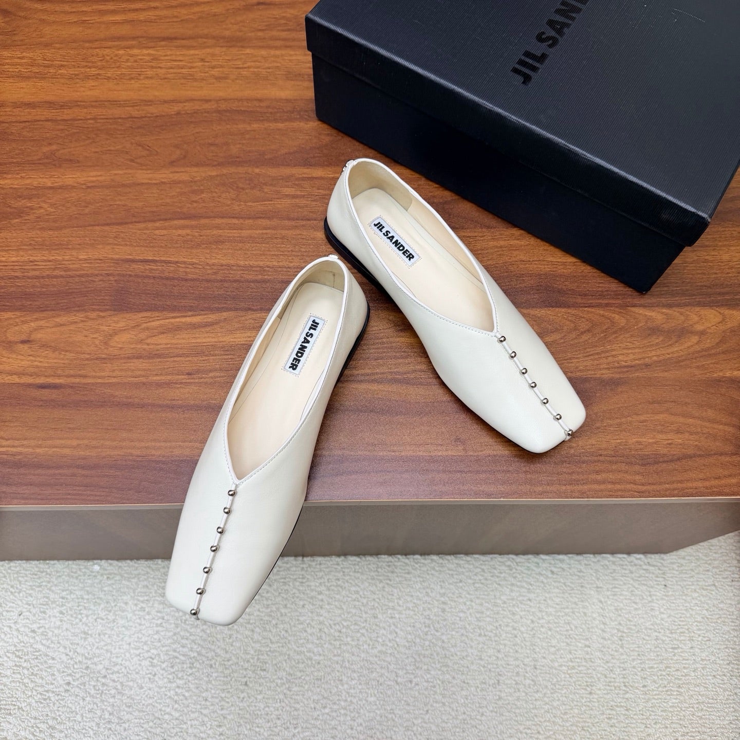 Jil Sander Stud-Embellished Leather Ballet Flats (White)