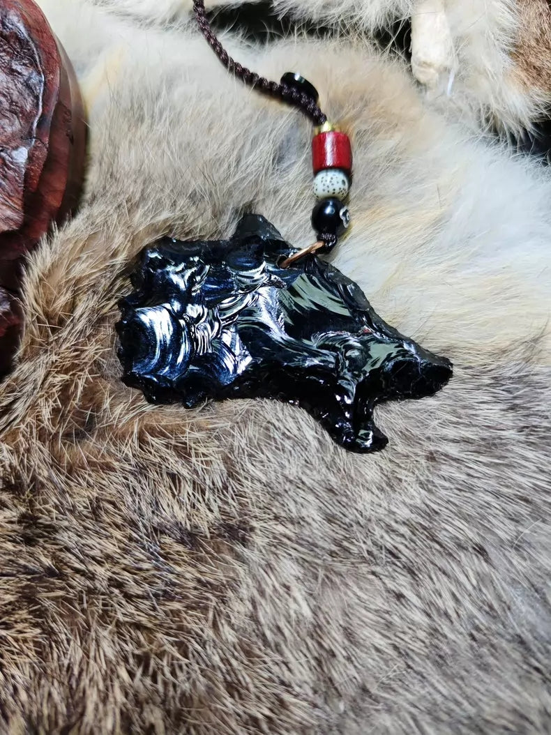 Chipped stone pendant, wolf head/wolf king pendant, obsidian crystal, white opal.