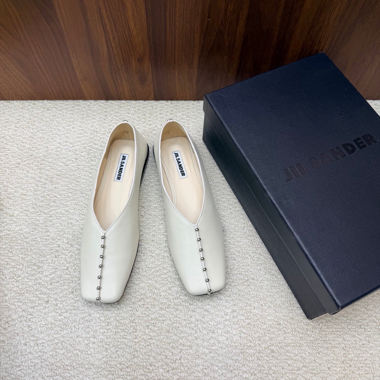 Jil Sander Stud-Embellished Leather Ballet Flats (White)