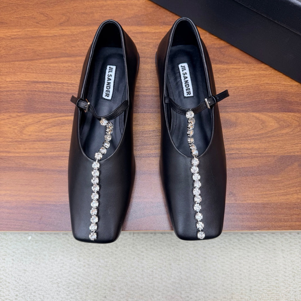 Jil Sander Luxury Crystal-Embellished Mary Jane Ballet Flats (Black)