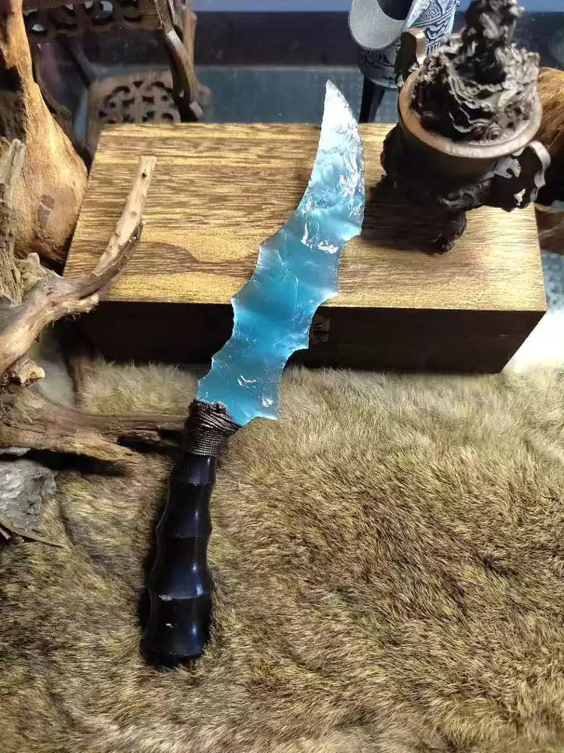 Knapped Stone Knife, Cat's-Eye Stone Knife, Clear-Water Stone Blade, Sky-Blue Gem Blade "Azure Wave Dragon," Blade of the Ocean, Dragon-Crystal Water-Severing Blade.