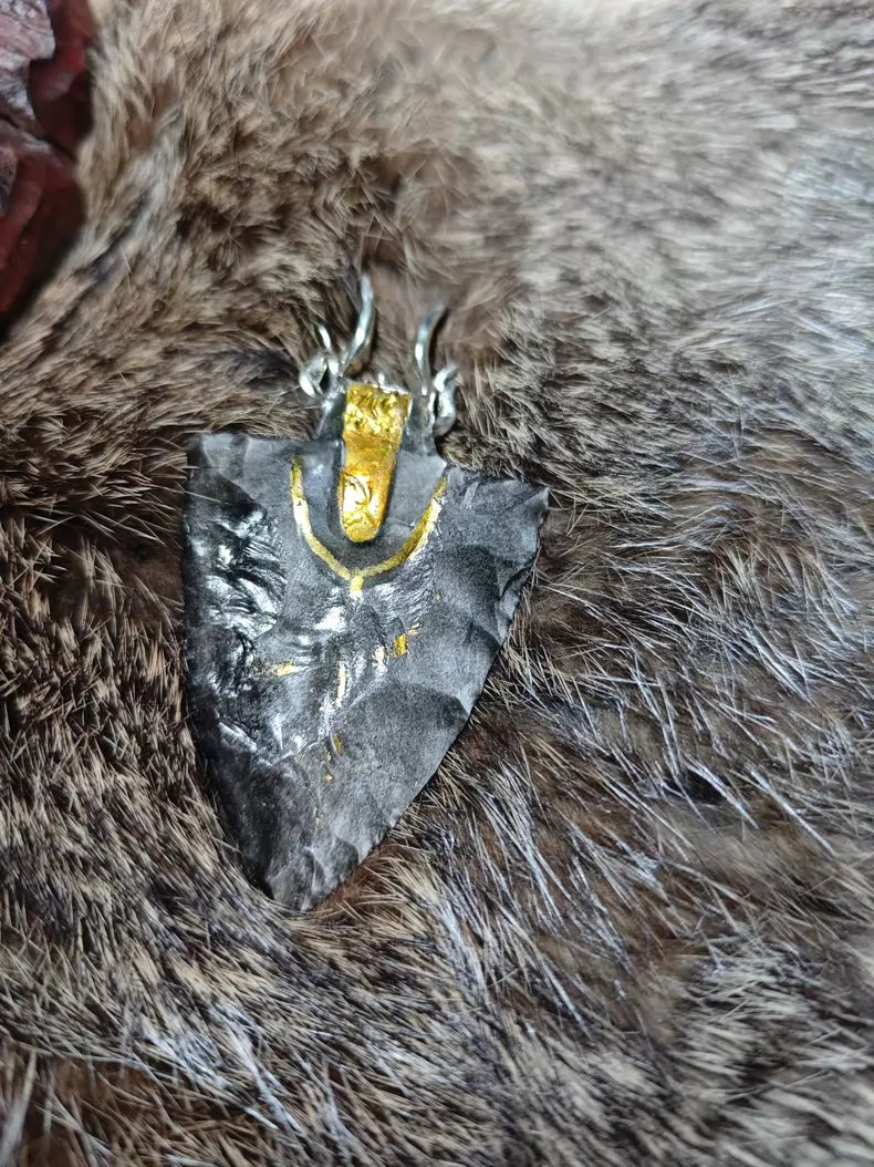 "Dragon Shield" – A Masterpiece Hand-Crafted Silver Sheen Obsidian Pendant Featuring a Dragon-Head Silver Shield Design