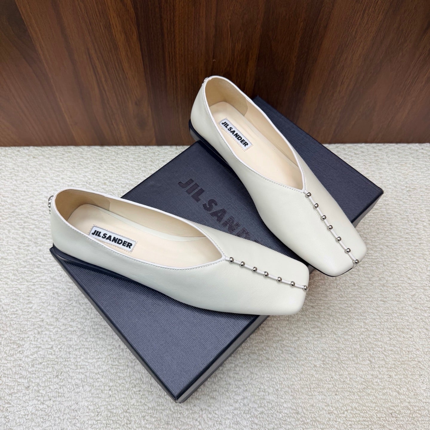 Jil Sander Stud-Embellished Leather Ballet Flats (White)