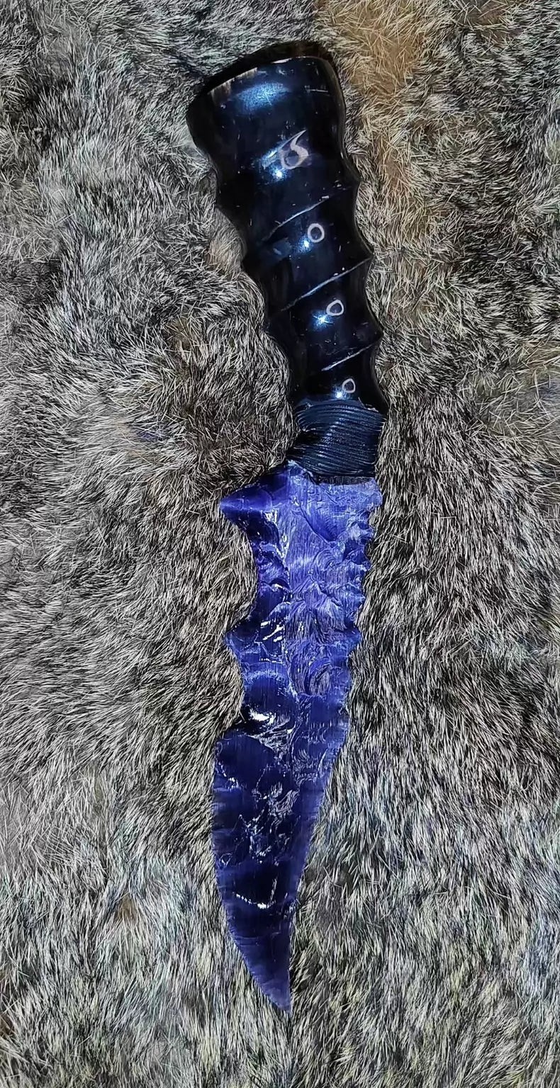 Knapped stone knife; deep violet cat's-eye "Flame Blade"; obsidian "Dragon-Crystal" blade—"Eternal Flower"