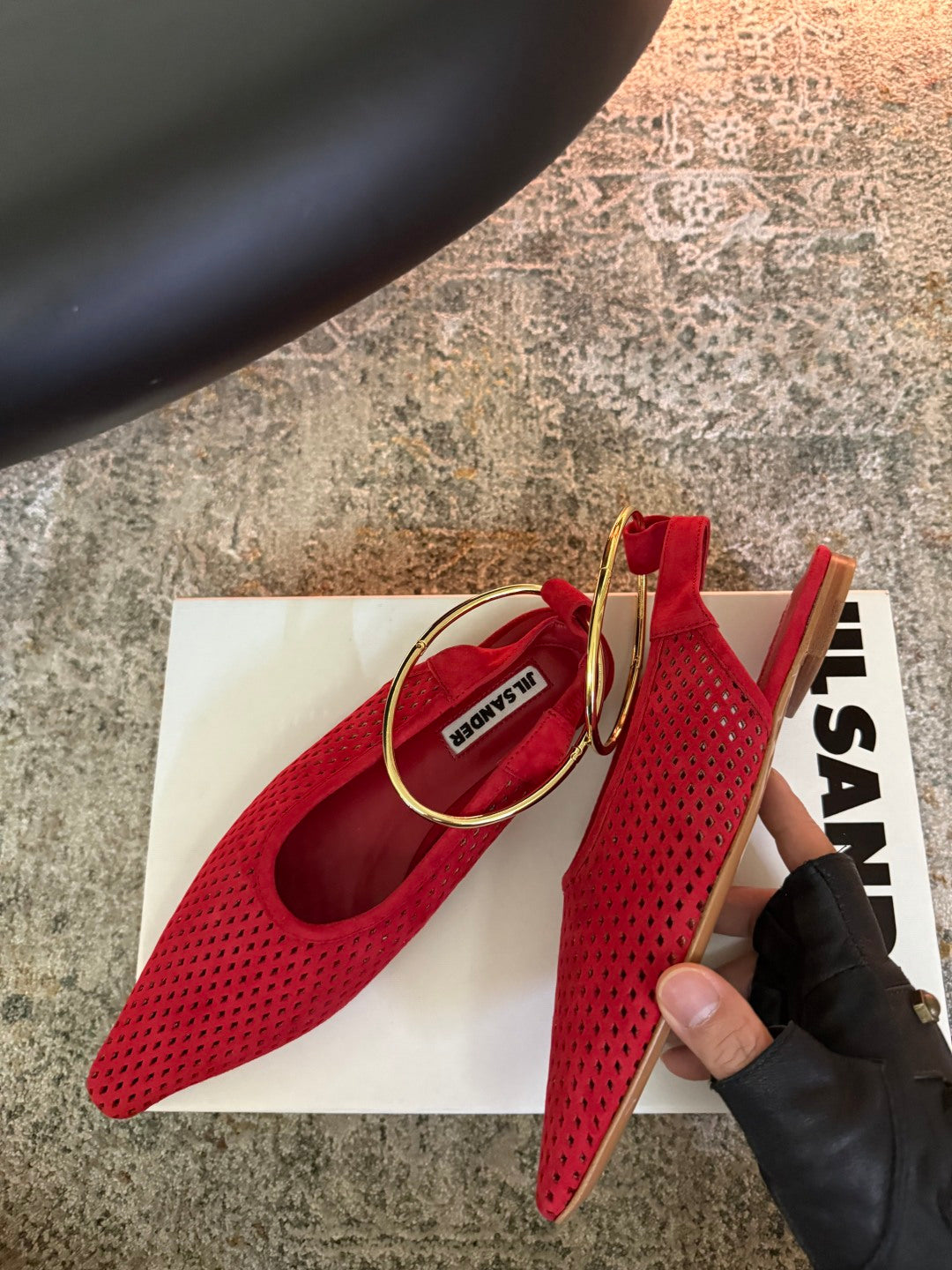 Jil Sander Pointed-Toe Perforated Suede Ballet Flats (Red)