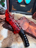 Knapped stone knife, red glass ancient-style hunting knife, flame-shaped stone blade, obsidian knife.