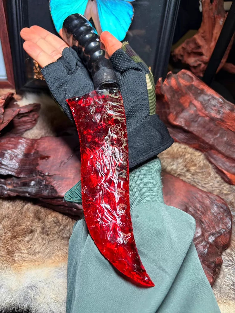 Knapped stone knife, red glass ancient-style hunting knife, flame-shaped stone blade, obsidian knife.