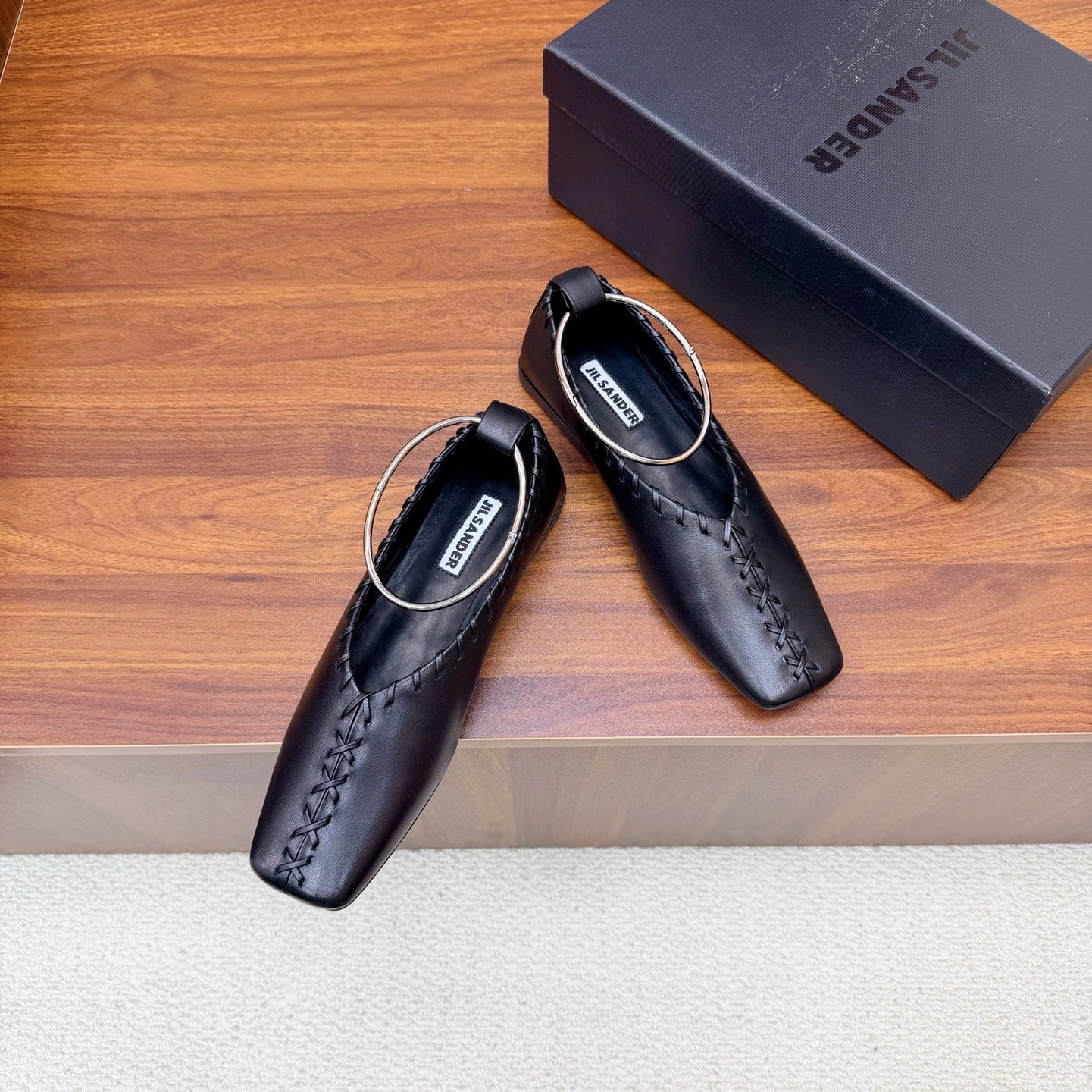 Jil Sander Classic Metallic Ring Ballet Flats (Black)