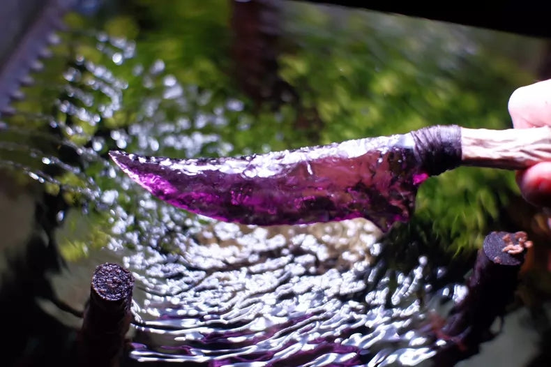 Flaked stone knife, premium hunting knife, "Purple Phantom," "Deadly Violet," Dragon Crystal series, Dragon Crystal dagger, hunting knife.