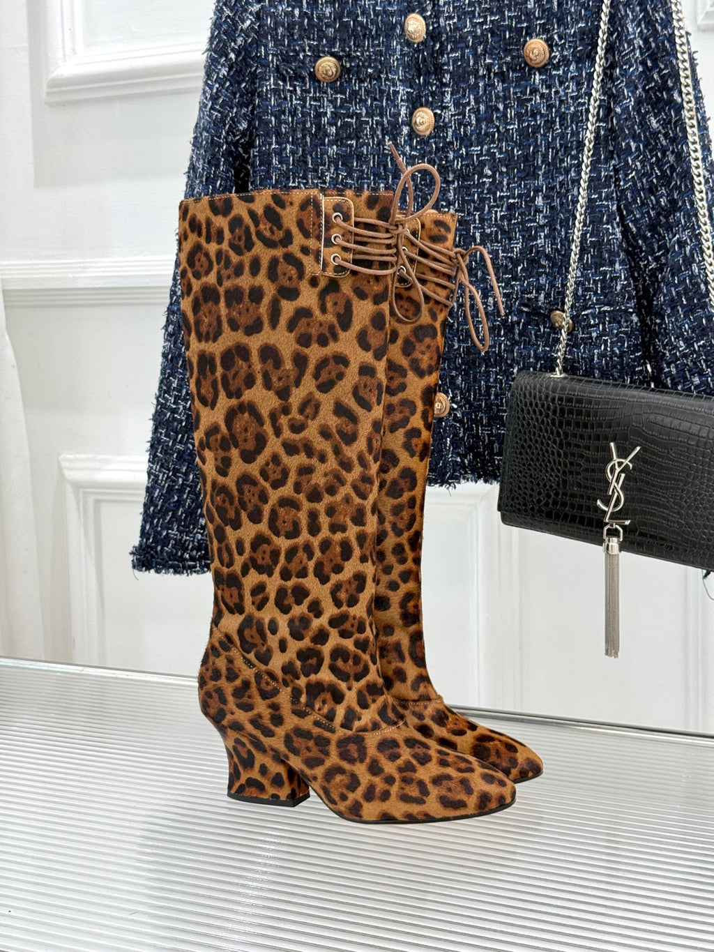 Jil Sander Lace-Up Block-Heel Boots (Leopard Print)