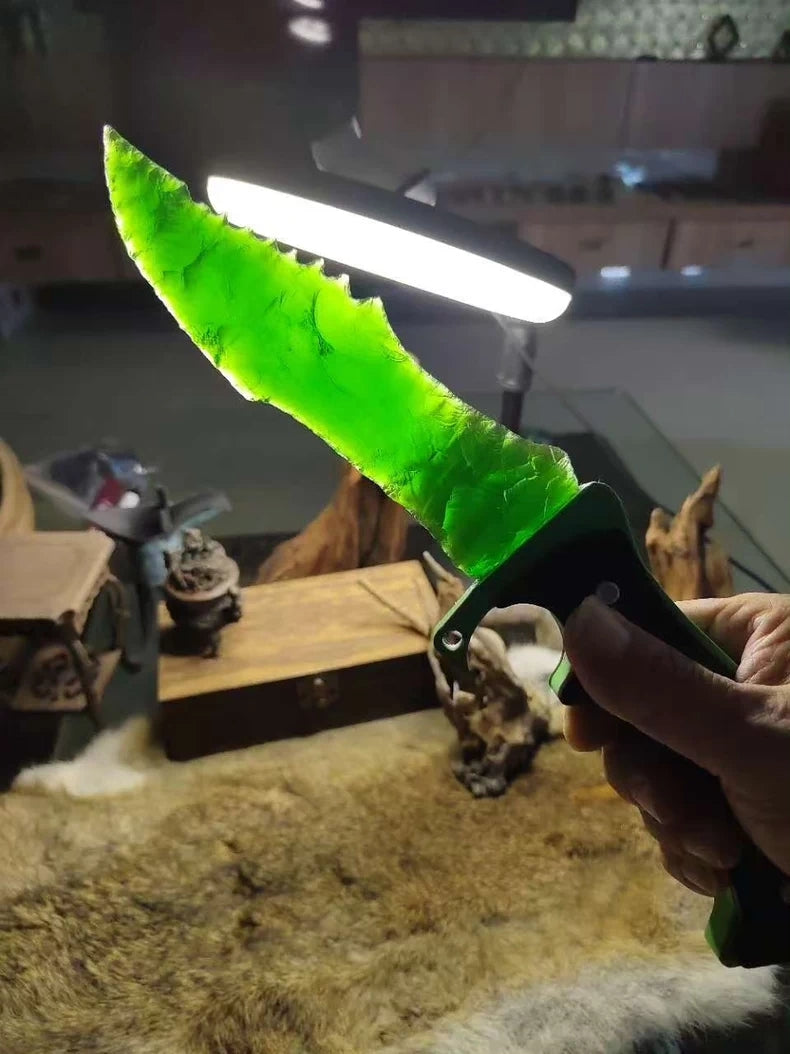Knapped stone knife; knapped stone "Hunter's Dagger"! Green cat's-eye stone knife—CS:GO Doppler Emerald style.