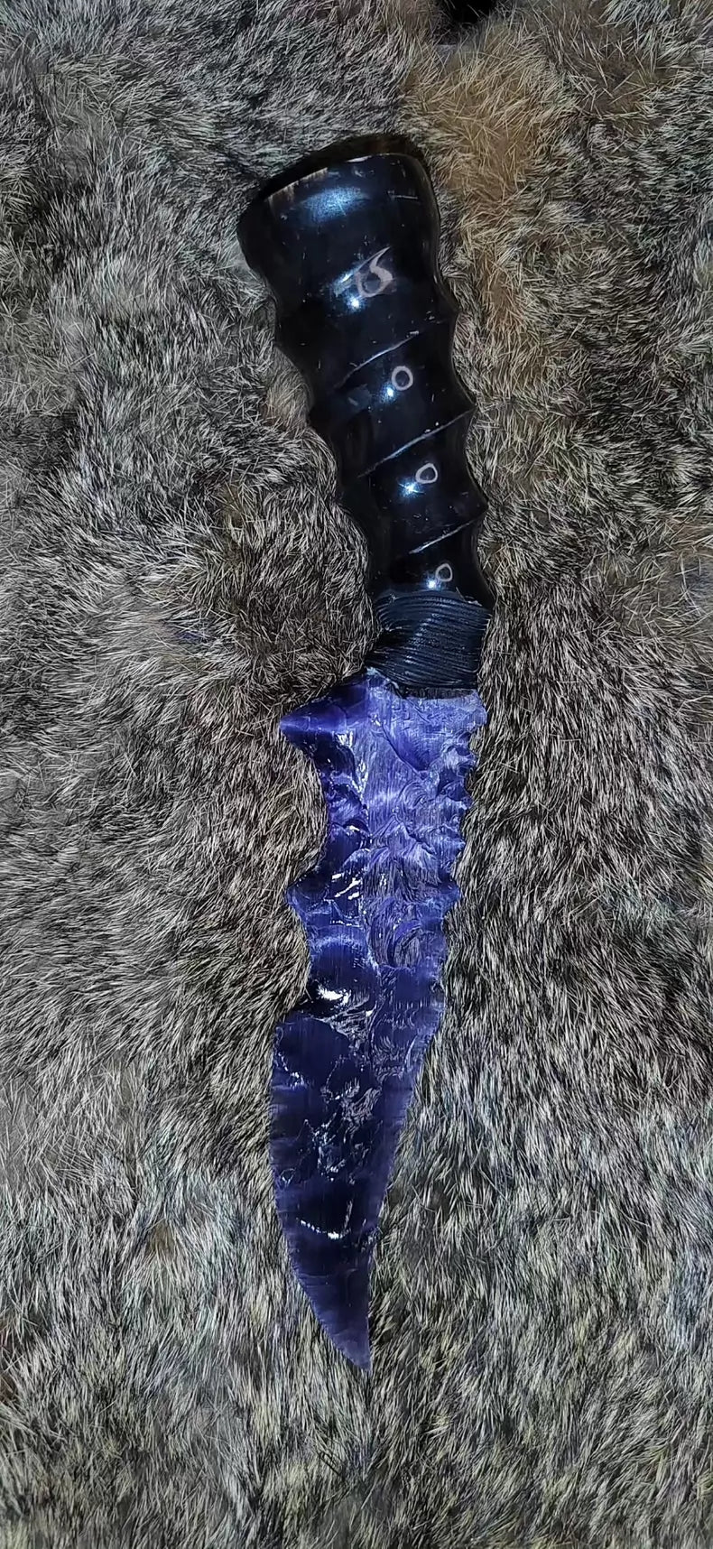 Knapped stone knife; deep violet cat's-eye "Flame Blade"; obsidian "Dragon-Crystal" blade—"Eternal Flower"