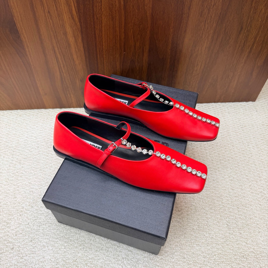 Jil Sander Luxury Crystal-Embellished Mary Jane Ballet Flats (Red)