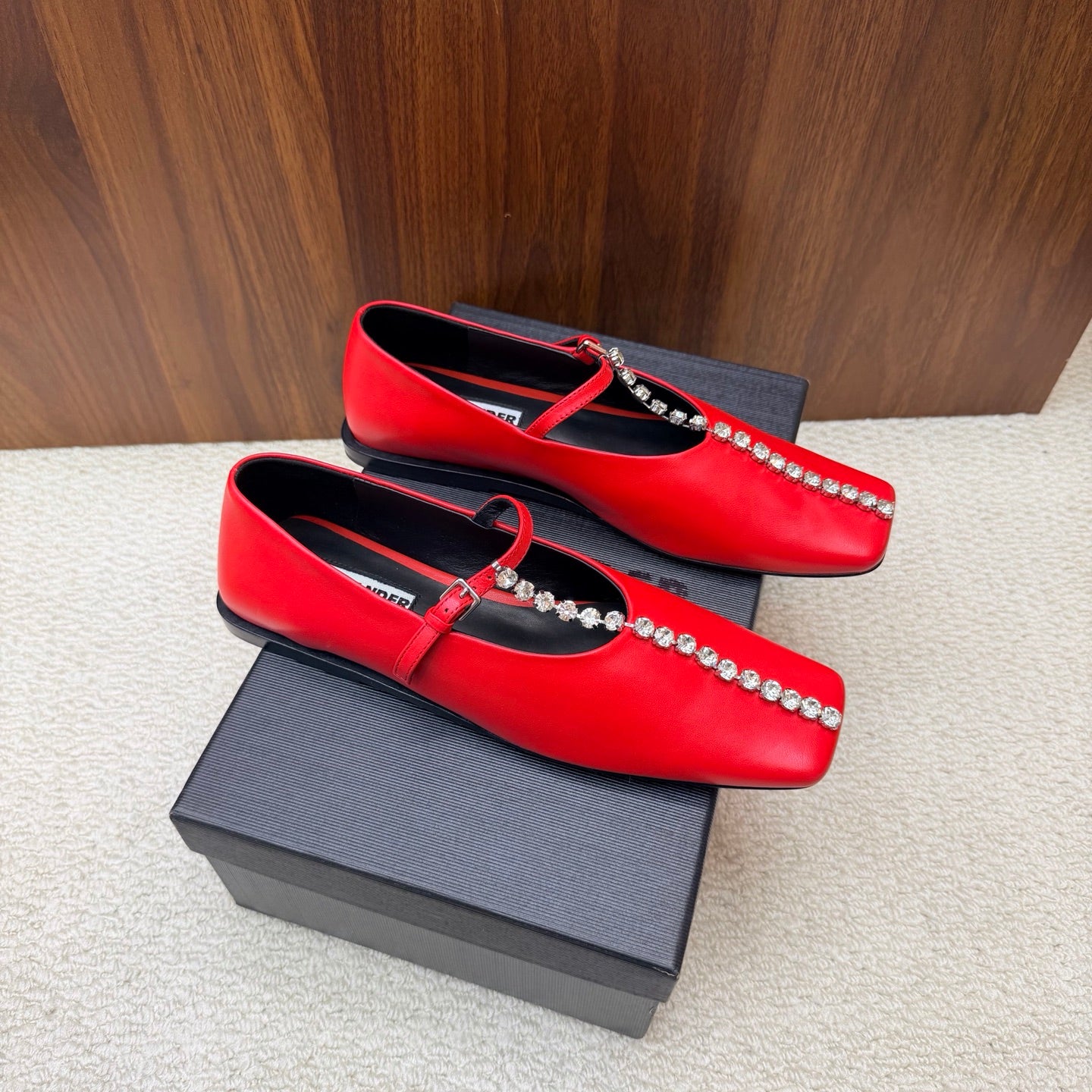 Jil Sander Luxury Crystal-Embellished Mary Jane Ballet Flats (Red)