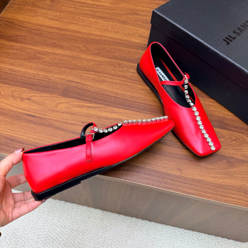 Jil Sander Luxury Crystal-Embellished Mary Jane Ballet Flats (Red)
