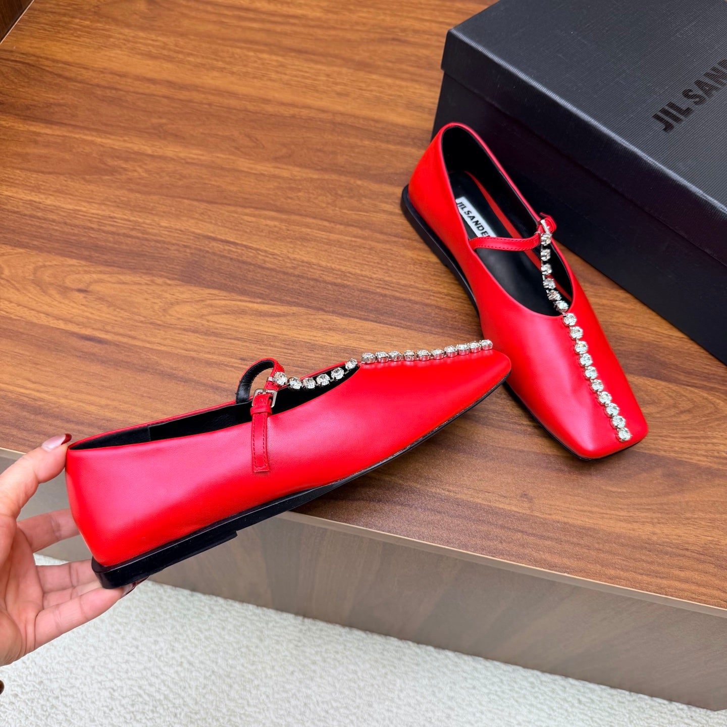 Jil Sander Luxury Crystal-Embellished Mary Jane Ballet Flats (Red)