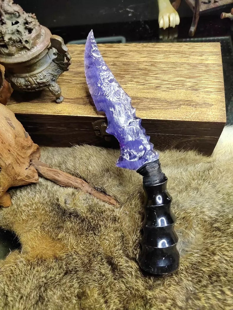 Knapped stone knife; deep violet cat's-eye "Flame Blade"; obsidian "Dragon-Crystal" blade—"Eternal Flower"