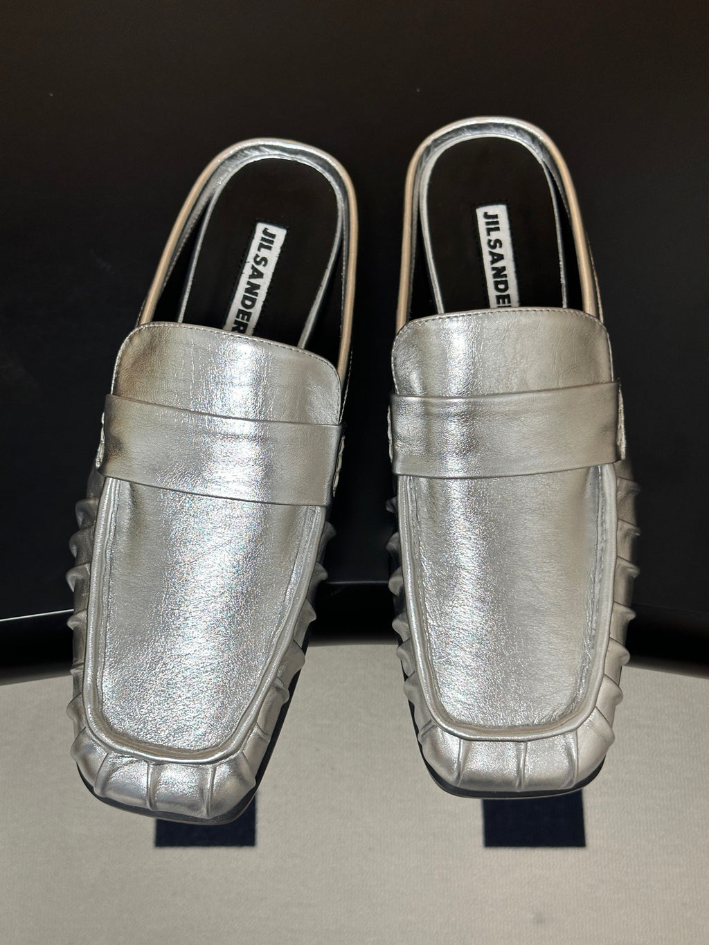JIL SANDER Square-Toe Pleated Leather Mules (Silver)