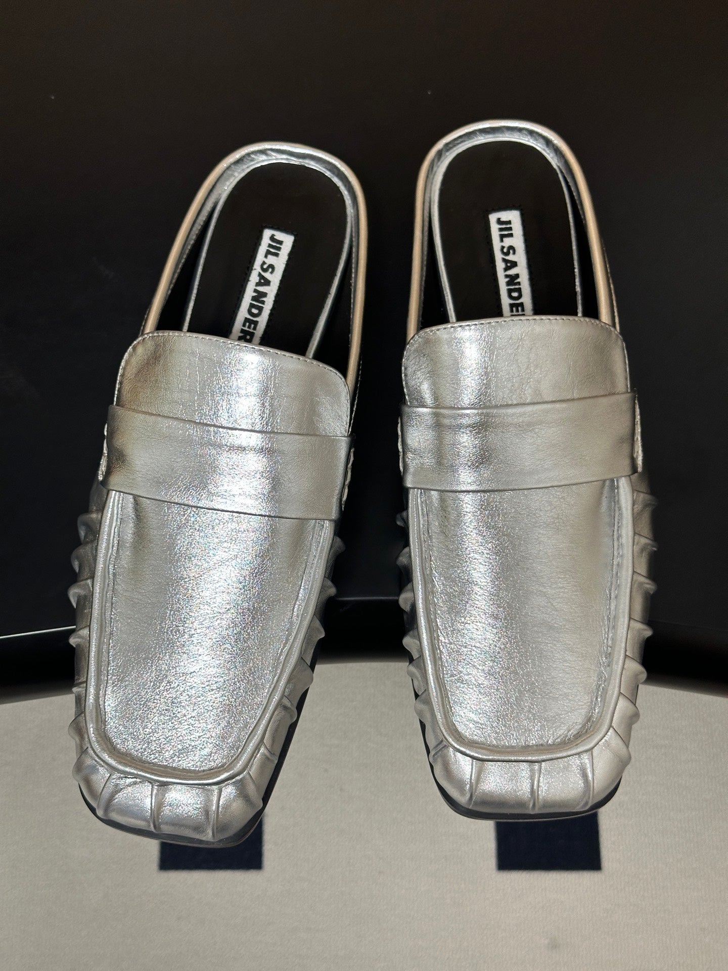 JIL SANDER Square-Toe Pleated Leather Mules (Silver)