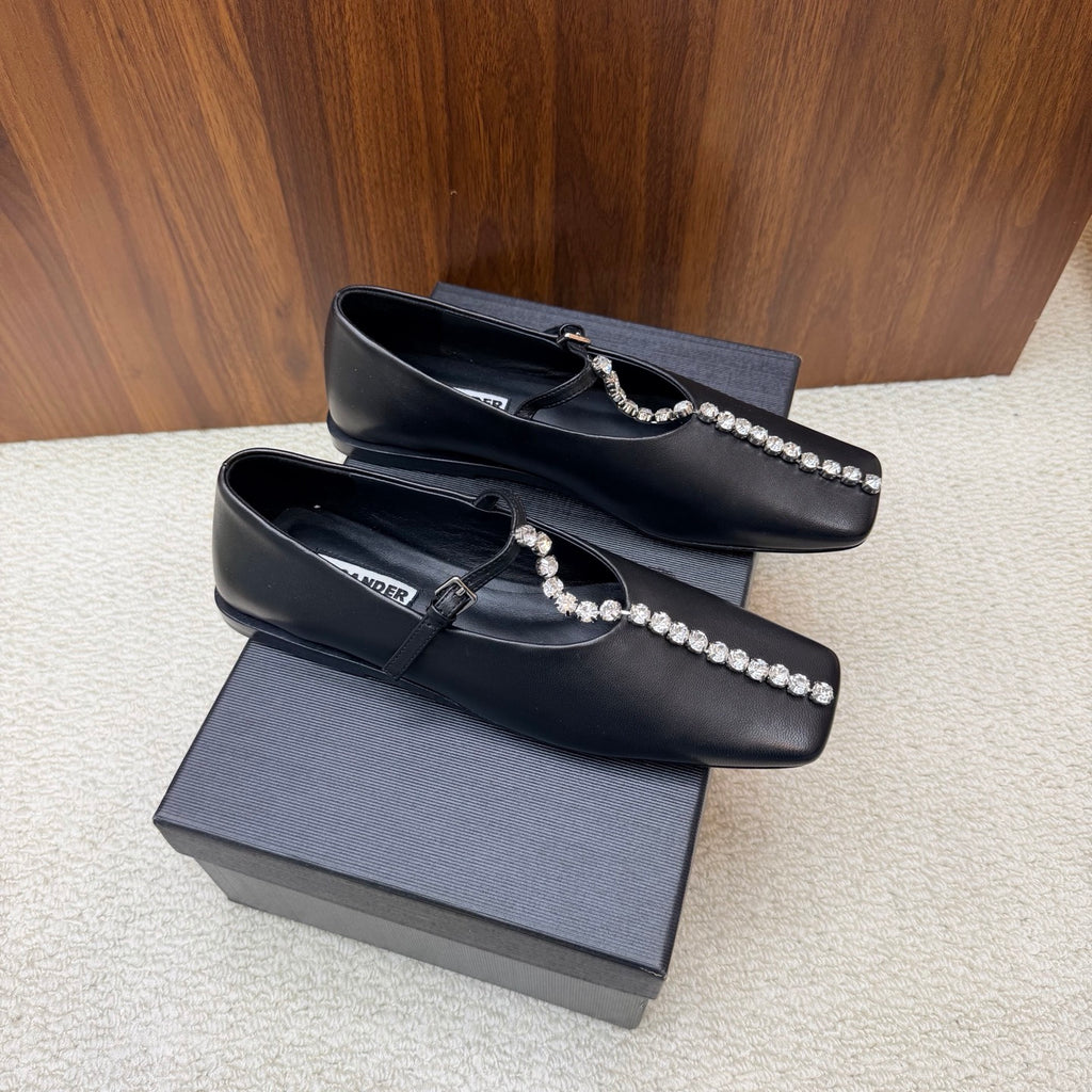 Jil Sander Luxury Crystal-Embellished Mary Jane Ballet Flats (Black)