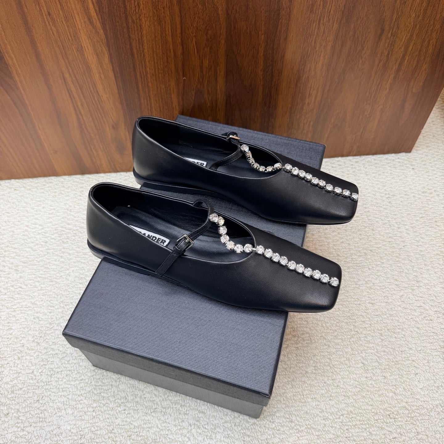 Jil Sander Luxury Crystal-Embellished Mary Jane Ballet Flats (Black)