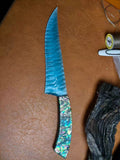 Flaked stone knife, pressure-flaked stone knife, hunting knife with a colorful shell handle and a sky-blue cat's-eye stone blade.