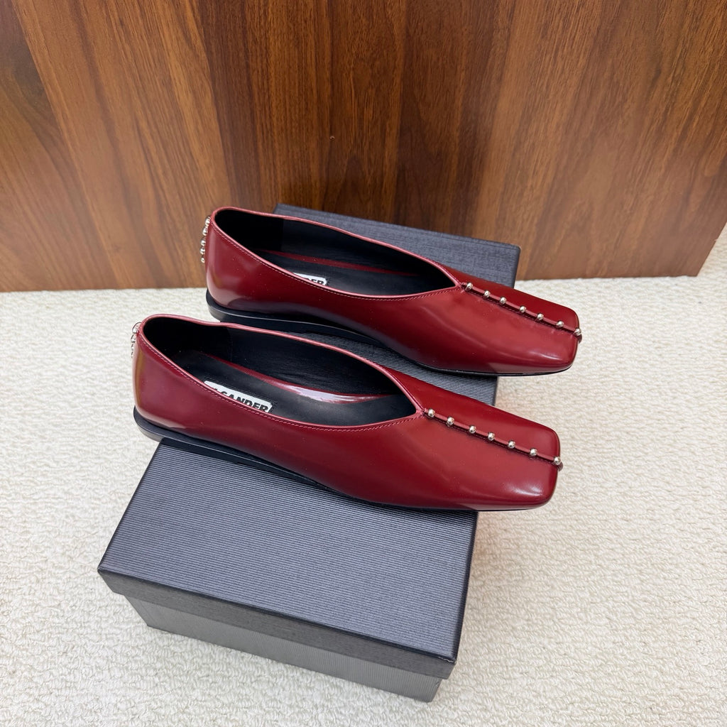 Jil Sander Stud-Embellished Leather Ballet Flats (Red)