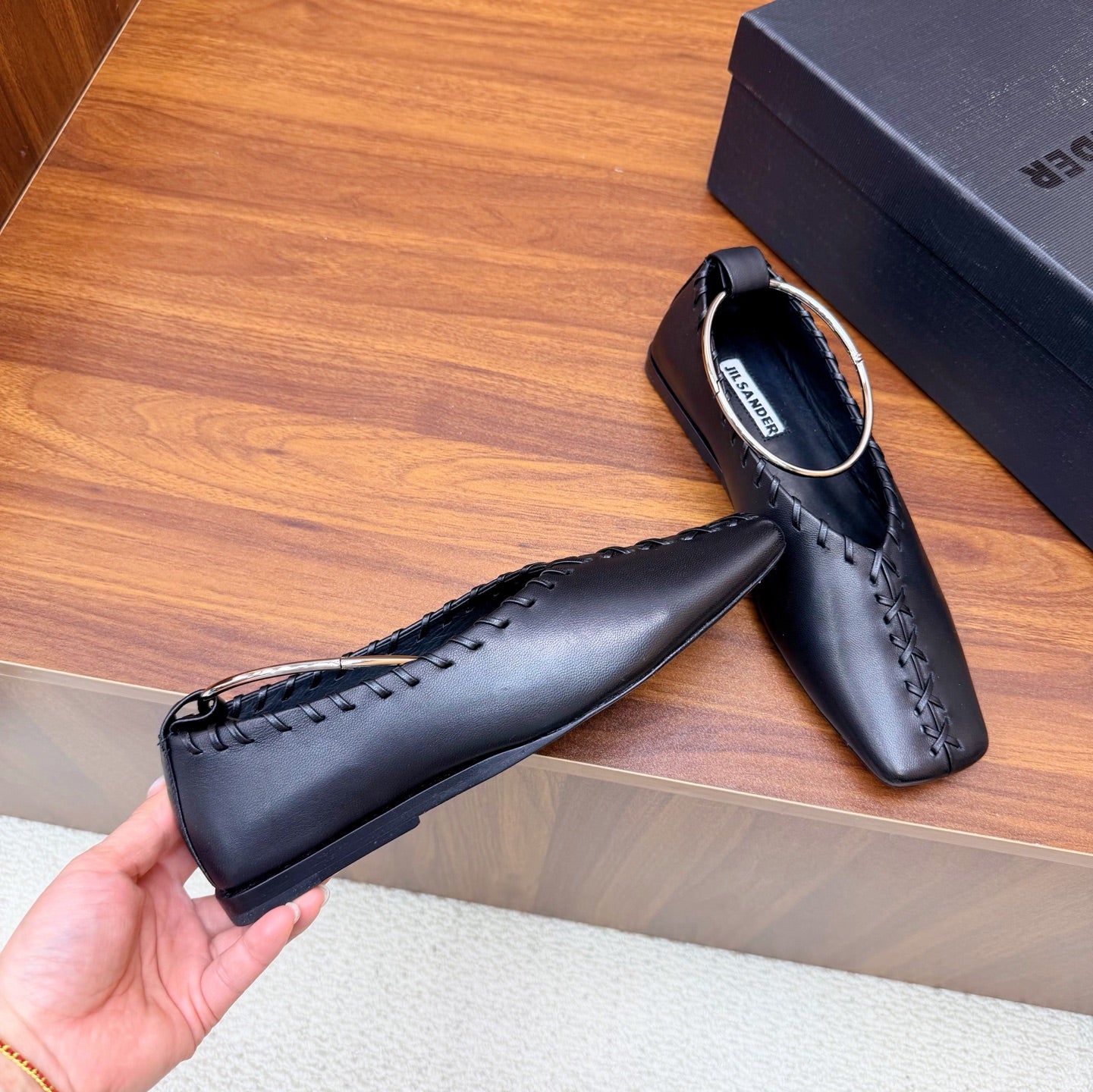 Jil Sander Classic Metallic Ring Ballet Flats (Black)