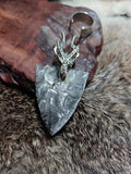"Dragon Shield" – A Masterpiece Hand-Crafted Silver Sheen Obsidian Pendant Featuring a Dragon-Head Silver Shield Design