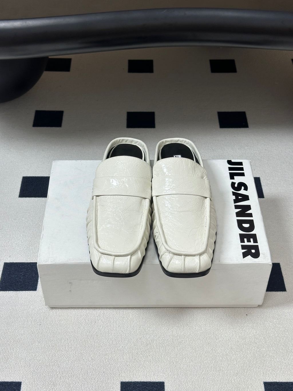 JIL SANDER Square-Toe Pleated Leather Mules (White)