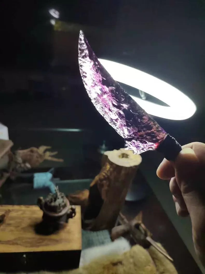 Flaked stone knife, premium hunting knife, "Purple Phantom," "Deadly Violet," Dragon Crystal series, Dragon Crystal dagger, hunting knife.