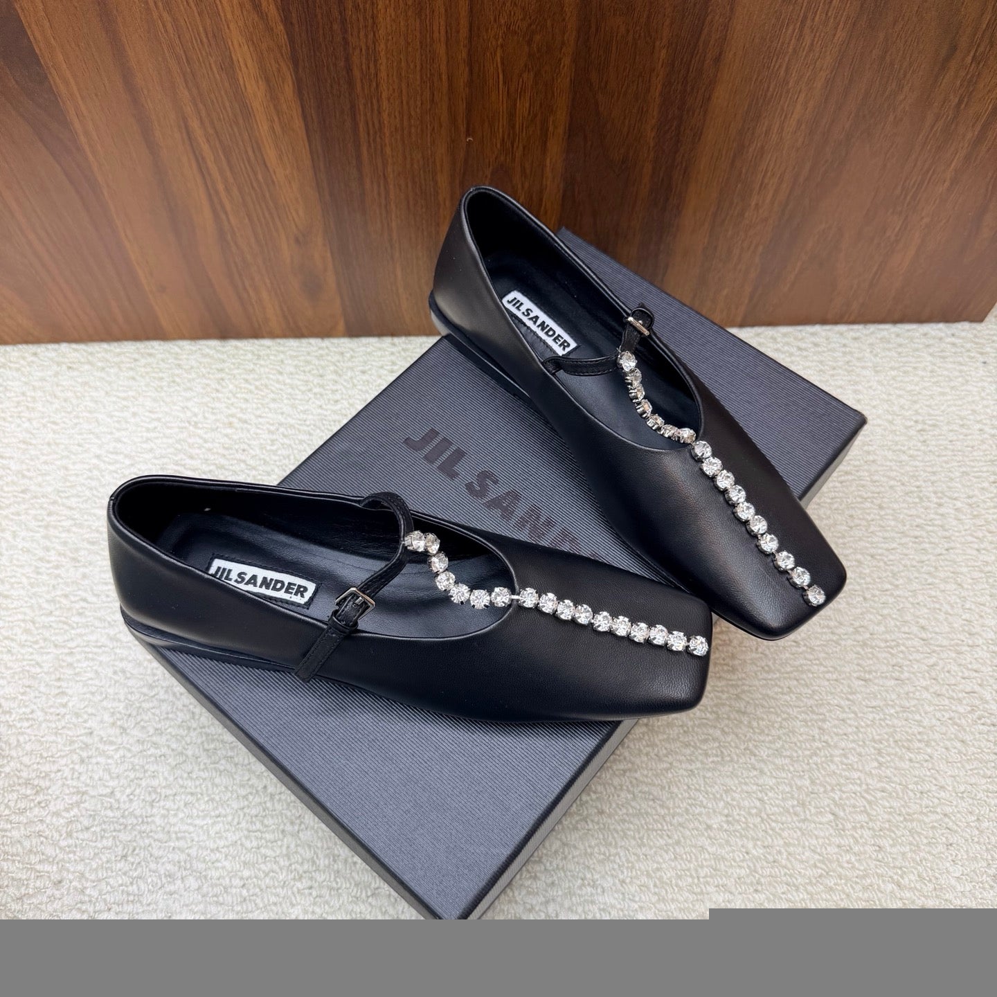 Jil Sander Luxury Crystal-Embellished Mary Jane Ballet Flats (Black)