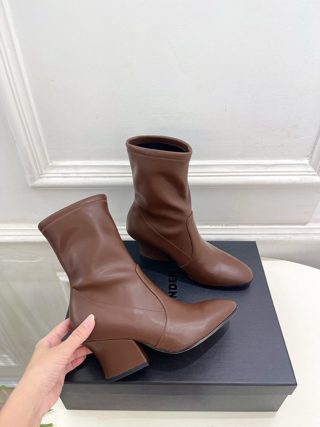 Jil Sander Minimalist Retro Stretch Ankle Boots with Block Heels Brown